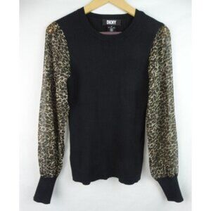 DKNY Women's Sweater Size Medium Black Ribbed Sheer Leopard Long Sleeve Top